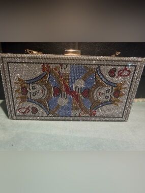 Crystal-Embellished Playing Card Queen Clutch - Silver- NWOT- Read